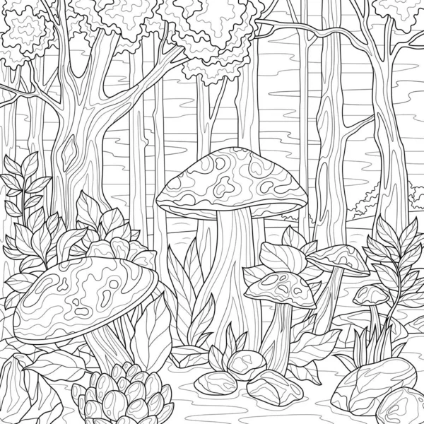 Cogumelos Floresta Livro Colorir Stress Para Crianças Adultos Ilustração Isolada —  Vetores de Stock