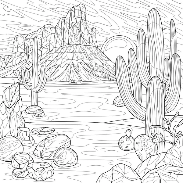 Wild West Woestijn Cacti Kleurboek Antistress Voor Kinderen Volwassenen Illustratie — Stockvector