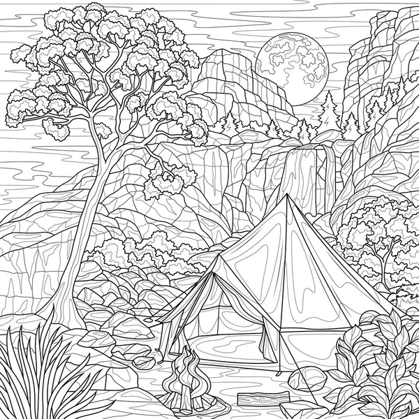 Kemping Pobliżu Gór Wodospadu Kolorowanki Antystresowe Dla Dzieci Dorosłych Ilustracja — Wektor stockowy