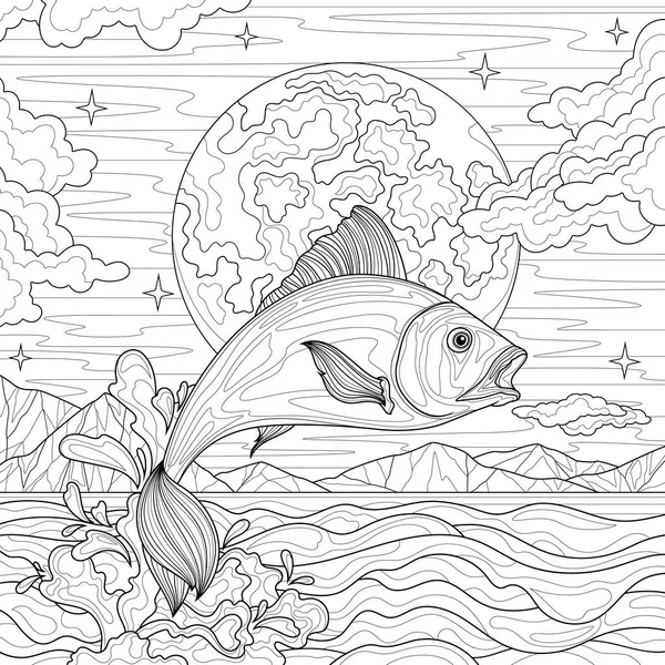 Vissen Springen Uit Zee Tegen Achtergrond Van Maan Kleurboek Antistress — Stockvector