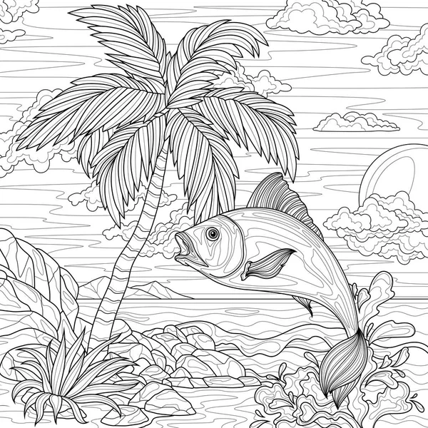 鱼在海和棕榈树的背景下跳出水面 给儿童和成年人的书涂上了抗压的颜色 在白色背景上孤立的示例 — 图库矢量图片