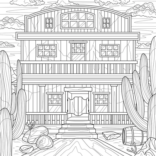 Saloon Wild West Cacti Coloring Book Antistress Children Adult 배경에 — 스톡 벡터