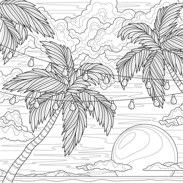 棕榈树和落日 为儿童和成年人涂色 在白色背景上孤立的示例 Zen Tangle样式 — 图库矢量图片