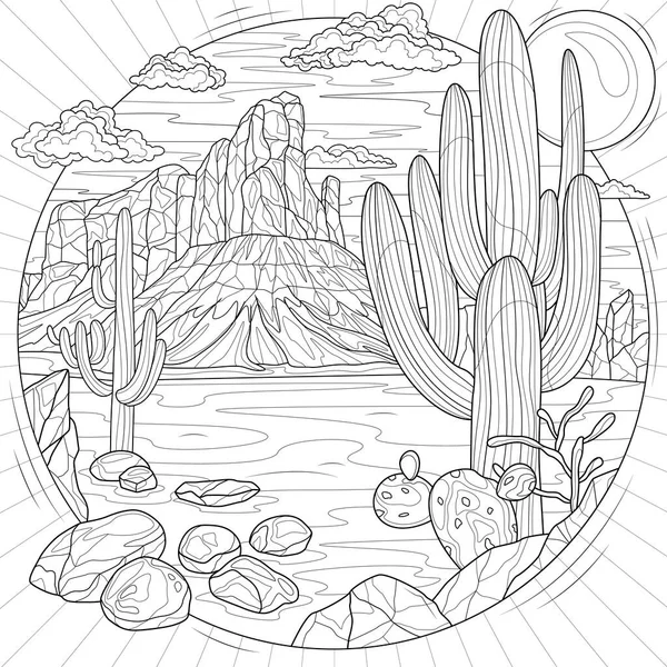 Ouest Sauvage Avec Montagnes Cacti Scenery Coloring Livre Antistress Pour — Image vectorielle