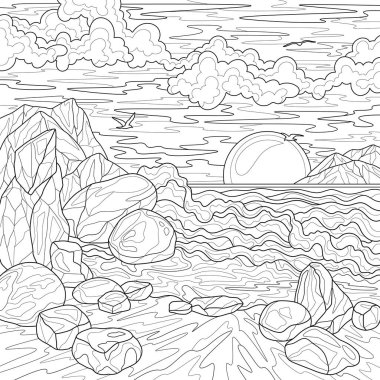 Deniz ve Günbatımı Sahnesi. Çocuklar ve yetişkinler için boyama kitabı antistresi. Resimler beyaz arka planda izole edildi. Zen-karmaşası tarzı. El çizimi