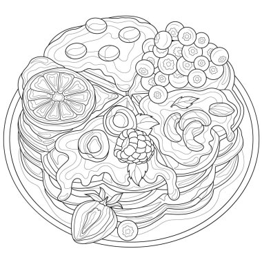 Meyve ve meyveli gofretler. Çocuklar ve yetişkinler için boyama kitabı antistresi. Resimler beyaz arka planda izole edildi. Zen-karmaşası tarzı. El çizimi