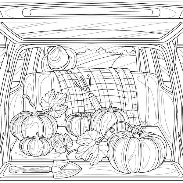 Pumpkins Trunk Car Coloring Book Antistress Children Adults Illustration Isolated — Stock Vector