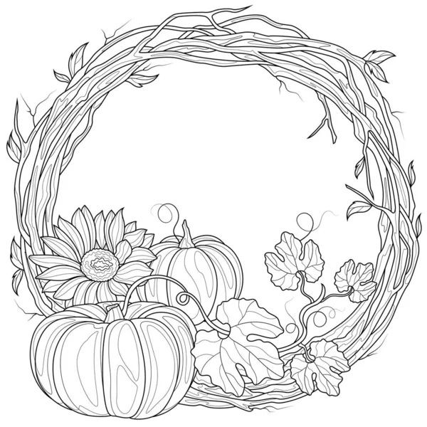 Wreath Twigs Pumpkins Sunflowers Coloring Book Antistress Children Adults Illustration — Stock Vector