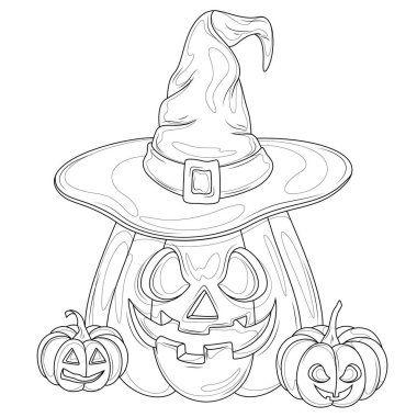 Cadılar Bayramı balkabakları bir cadının şapkasında. Çocuklar ve yetişkinler için boyama kitabı antistresi..