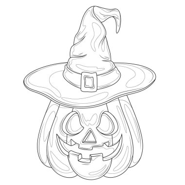 Cadılar Bayramı balkabağı ve cadı şapkası. Çocuklar ve yetişkinler için boyama kitabı antistresi..