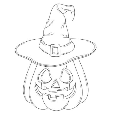 Cadılar Bayramı balkabağı ve cadı şapkası. Çocuklar ve yetişkinler için boyama kitabı antistresi..