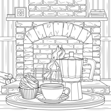 Gayzer kahve makinesi ve şöminenin yanında kahve. Çocuklar ve yetişkinler için boyama kitabı antistresi.