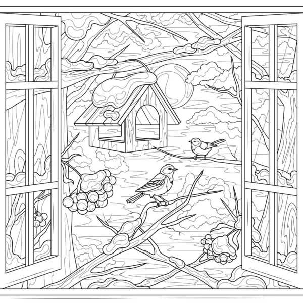 stock vector Birds outside the window in winter. Coloring book antistress for children and adults.