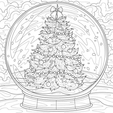 Noel ağacı olan bir Noel küresi. Çocuklar ve yetişkinler için boyama kitabı antistresi.