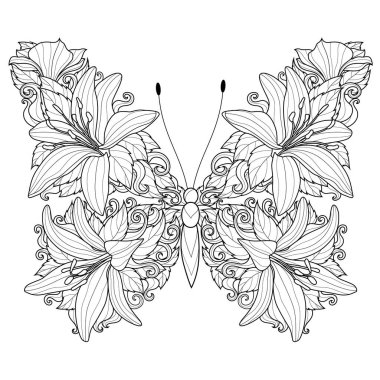 Çiçekten yapılmış kelebek. Çocuklar ve yetişkinler için boyama kitabı antistresi.