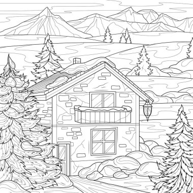 Kışın ev. Çocuklar ve yetişkinler için boyama kitabı antistresi.