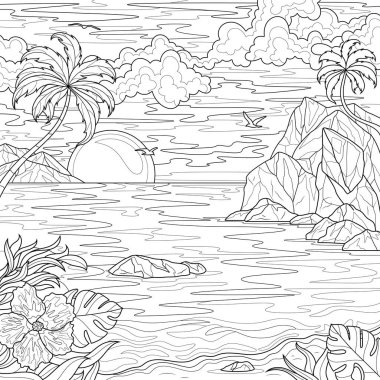 Deniz manzarası ve palmiye ağaçları. Çocuklar ve yetişkinler için boyama kitabı antistresi.