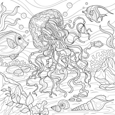 Denizanası ve balık suyun altında. Çocuklar ve yetişkinler için boyama kitabı antistresi.