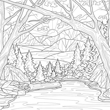 Şafak ve göl. Manzara. Çocuklar ve yetişkinler için boyama kitabı antistresi.