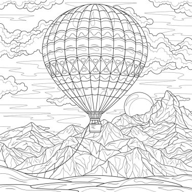 Dağların üstünde sıcak hava balonu. Çocuklar ve yetişkinler için boyama kitabı antistresi.