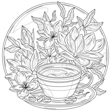 Bir fincan kahve ve manolya. Çocuklar ve yetişkinler için boyama kitabı antistresi.