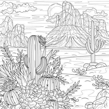 Çölde kaktüs ve sulu şeyler. Çocuklar ve yetişkinler için boyama kitabı antistresi.