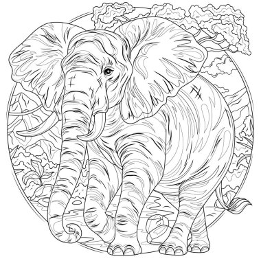 Fil ve doğa. Çocuklar ve yetişkinler için boyama kitabı antistresi.