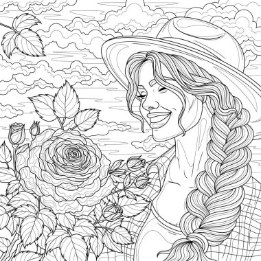 Kız ve güller. Çocuklar ve yetişkinler için boyama kitabı antistresi.