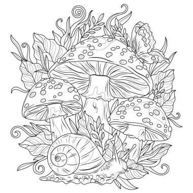 Salyangoz ve kelebekli tarımsal mantarlar. Çocuklar ve yetişkinler için antistresi boyama kitabı..