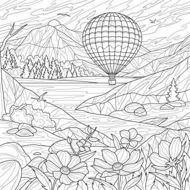 Gölün üzerinde sıcak hava balonu. Çiçekli manzara. Çocuklar ve yetişkinler için boyama kitabı antistresi.