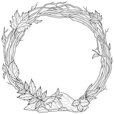 Dallardan yapılmış sonbahar çelengi. Çocuklar ve yetişkinler için boyama kitabı antistresi.