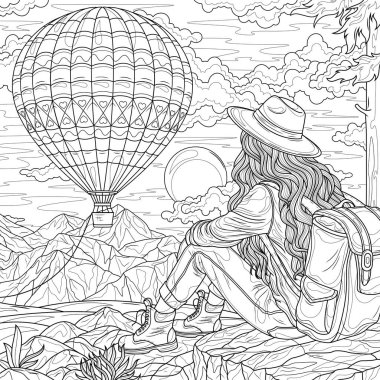 Turist bir kız sıcak hava balonuna bakıyor. Çocuklar ve yetişkinler için boyama kitabı antistresi.
