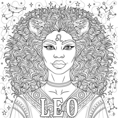 Leo Kadın. Astrolojik Zodyak İşareti. Çocuklar ve yetişkinler için boyama kitabı antistresi.