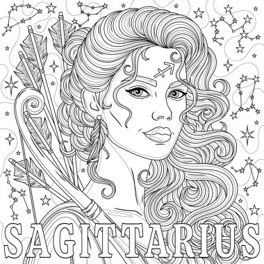 Yay burcu kadın. Astrolojik Zodyak İşareti. Çocuklar ve yetişkinler için boyama kitabı antistresi.