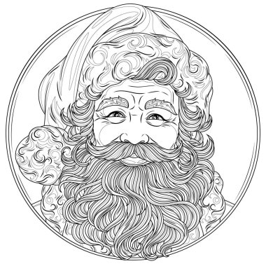 Noel Baba çemberde. Çocuklar ve yetişkinler için boyama kitabı antistresi.