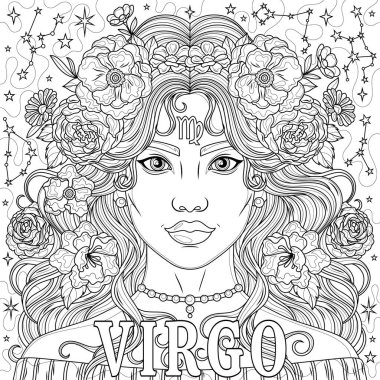 Başak Kadın. Astrolojik Zodyak İşareti. Çocuklar ve yetişkinler için boyama kitabı antistresi.