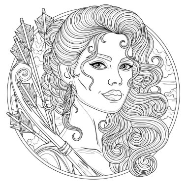 Okçu bir kadın. Çocuklar ve yetişkinler için boyama kitabı antistresi.