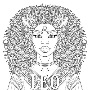 Leo Kadın. Astrolojik Zodyak İşareti. Çocuklar ve yetişkinler için boyama kitabı antistresi.