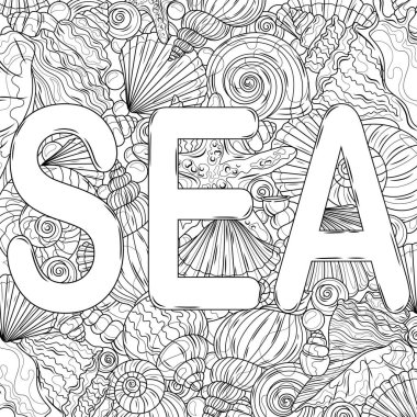 Deniz kabukları, deniz yıldızı ve kutsal deniz. Çocuklar ve yetişkinler için boyama kitabı antistresi.