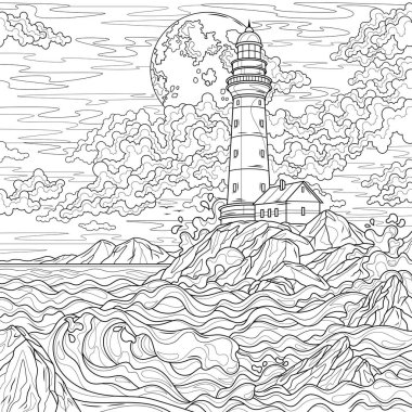 Deniz feneri ve dolunay. Çocuklar ve yetişkinler için boyama kitabı antistresi.