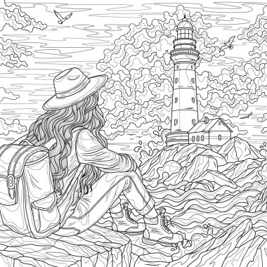 Turist bir kız denizdeki deniz fenerine bakıyor. Çocuklar ve yetişkinler için boyama kitabı antistresi.