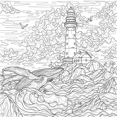 Deniz fenerinin yanındaki okyanustan bir balina atlıyor. Çocuklar ve yetişkinler için boyama kitabı antistresi.