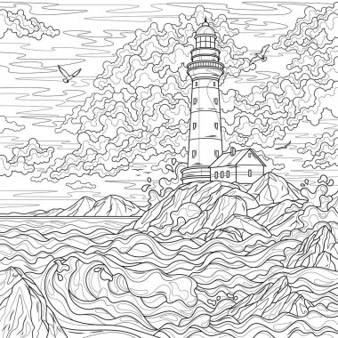 Denizde bir deniz feneri. Çocuklar ve yetişkinler için boyama kitabı antistresi.