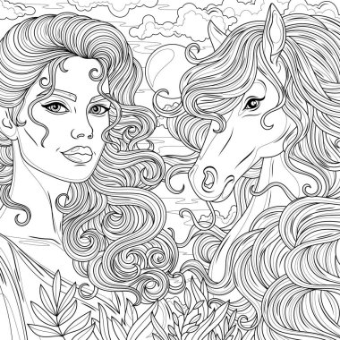 Kadın ve at. Çocuklar ve yetişkinler için boyama kitabı antistresi.
