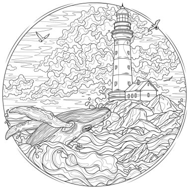 Deniz fenerinin yanındaki okyanusta bir balina. Çocuklar ve yetişkinler için boyama kitabı antistresi.