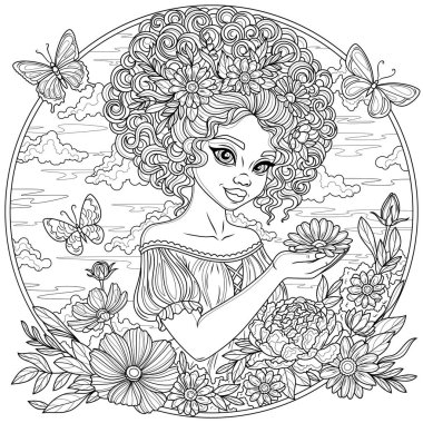 Yuvarlak bir çerçevede çiçekleri ve kelebekleri olan çekici bir kız. Çocuklar ve yetişkinler için boyama kitabı antistresi.