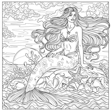 Okyanusta bir taşın üzerinde oturan denizkızı. Çocuklar ve yetişkinler için boyama kitabı antistresi.