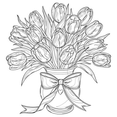 Vazoda bir buket lale. Çocuklar ve yetişkinler için boyama kitabı antistresi.