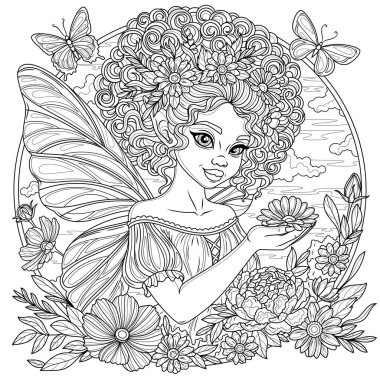 Yuvarlak bir çerçevede çiçekleri ve kelebekleri olan çekici bir kız. Çocuklar ve yetişkinler için boyama kitabı antistresi.