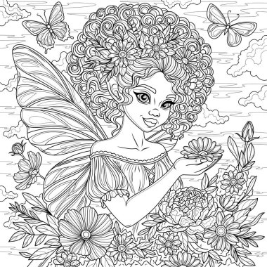 Çiçekler ve kelebekler arasında bir peri. Çocuklar ve yetişkinler için boyama kitabı antistresi.